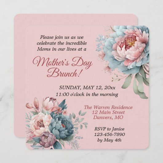 Oude Roze Pioenrozen Moederdag Brunch Kaart (Voorkant / Achterkant)