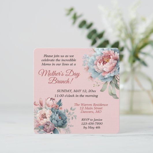 Oude Roze Pioenrozen Moederdag Brunch Kaart (Staand voorkant)