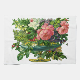 Oude roze rozen in vaas met bloemen theedoek