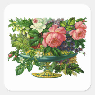 Oude roze rozen in vaas met bloemen vierkante sticker