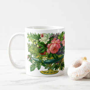Oude roze rozen, vaas met bloemen koffiemok