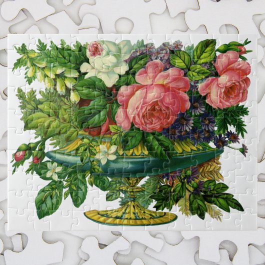 Oude roze rozen, vaas met bloemen legpuzzel
