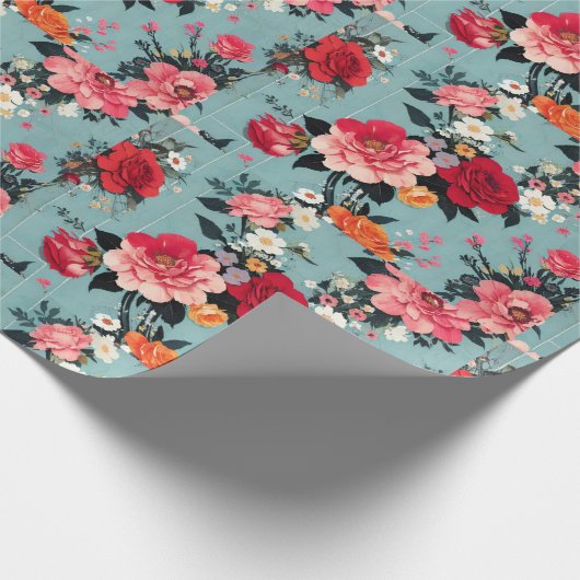 Oude rozen en bloemen op een blauwe achtergrond cadeaupapier (Hoek)