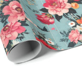 Oude rozen en bloemen op een blauwe achtergrond cadeaupapier (Rol Hoek)