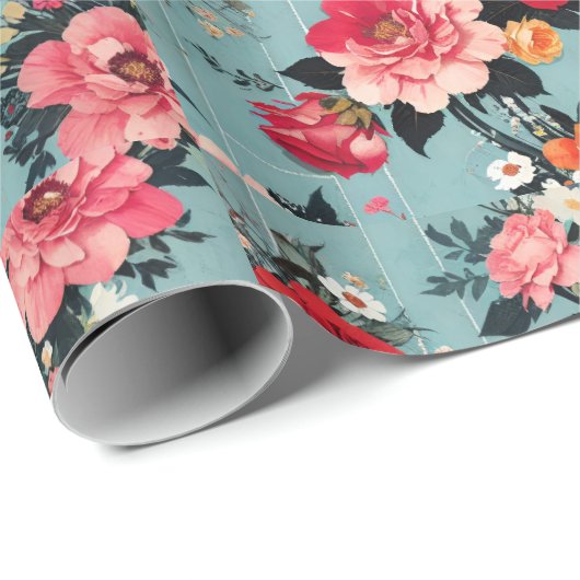 Oude rozen en bloemen op een blauwe achtergrond cadeaupapier (Rol Hoek)