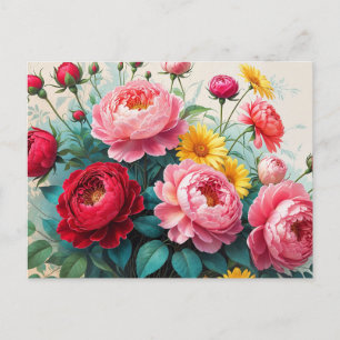 Oude rozen, pioenbloemen Kleurrijke boeket Briefkaart