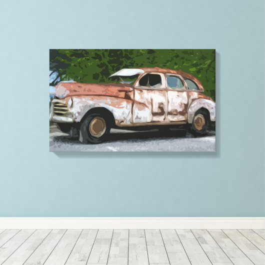 Oude Rusty Broken Down Car Canvas Afdruk (Insitu (Houten vloer))