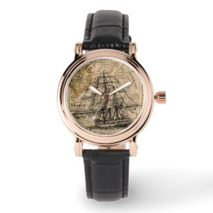 Oude 'Sailing Ship and Map Wrist Watch' Horloge