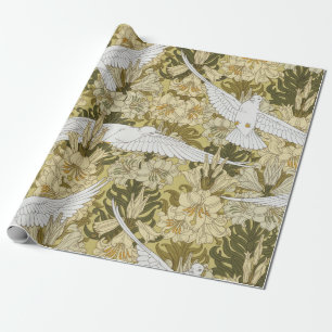 Oude Saliegroene Duif & Lelie Bloempatroon Cadeaupapier