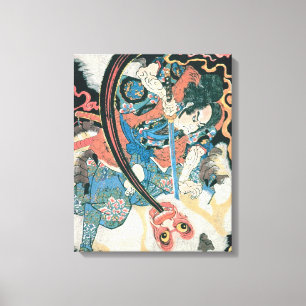 Oude Samurai die een Monster schilderen doodt Canvas Afdruk