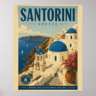 Oude Santorini Griekse Reisposter met Egeïsche Zee Poster