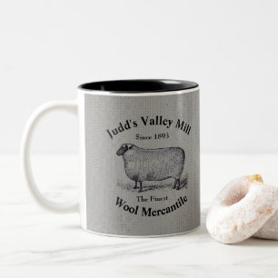 Oude schapenafbeelding Judd's Valley Wool Mercanti Tweekleurige Koffiemok