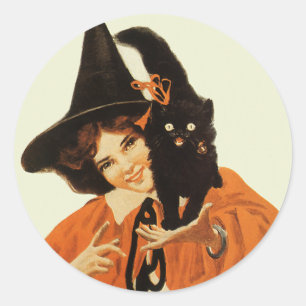 Oude Schitterende Heks met Mooie Zwarte Kat Ronde Sticker