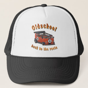 Oude school, oude auto in rood trucker pet
