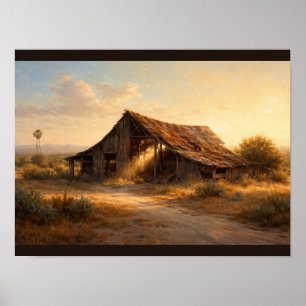 Oude schuur half ingestort in het zonlicht poster