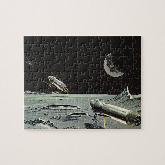 Oude sciencefiction, raketten maan planeten legpuzzel (Horizontaal)