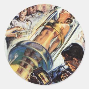 Oude sciencefiction, vrouw labexperiment ronde sticker