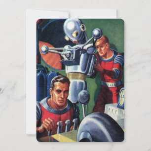 Oude sciencefictionastronauten repareren een robot