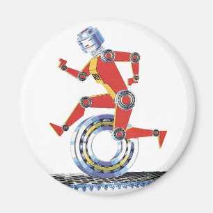 Oude sciencefictionrobot loopt met wiel magneet