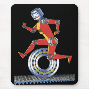 Oude sciencefictionrobot loopt met wiel muismat