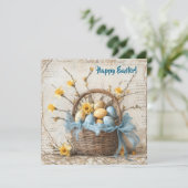 Oude shabby chic blauwe paaseieren in mandje feestdagenkaart (Staand voorkant)
