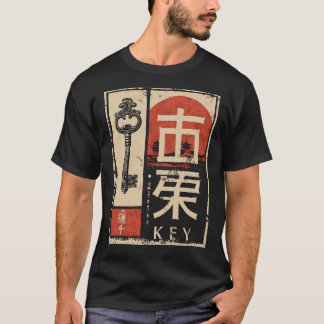 Oude sleutel Japanse rode zon symbolische kunst T-shirt