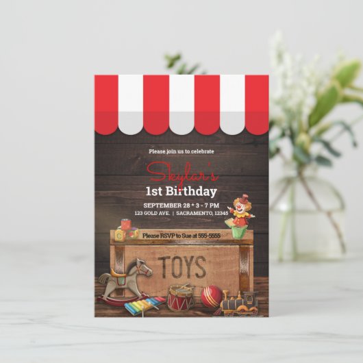 Oude Speelgoed Houten Toybox 1e Verjaardag Kaart (Staand voorkant)