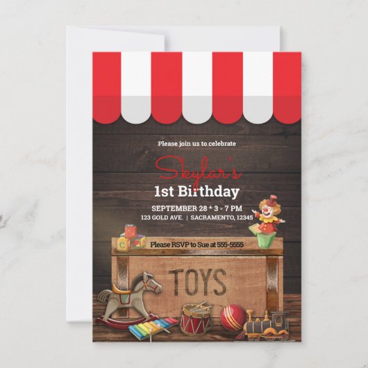 Oude Speelgoed Houten Toybox 1e Verjaardag Kaart (Voorkant)