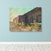 Oude spoorauto en treinstation canvas afdruk (Insitu (Houten vloer))