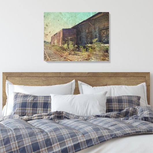 Oude spoorauto en treinstation canvas afdruk (Insitu (Slaapkamer))