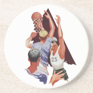 Oude sport, basketbalspelers in een wedstrijd zandsteen onderzetter