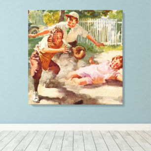 Oude sport, kinderen spelen stickball honkbal canvas afdruk