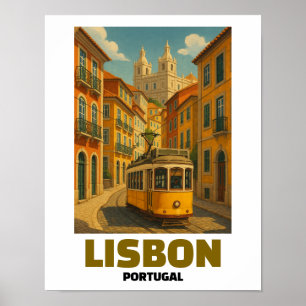 Oude stad Lisboa Portugal Retro Tram Straatscène Poster