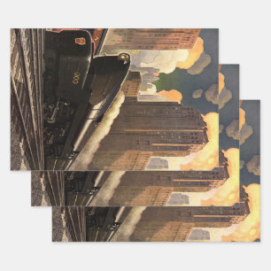 Oude stad, T1 Duplex-trein op spoorrails Inpakpapier Vel