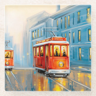Oude Stad Tram Olieverfschilderij Glazen Onderzetter