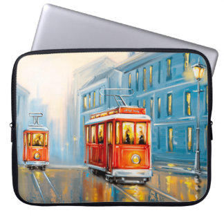 Oude Stad Tram Olieverfschilderij Laptop Sleeve