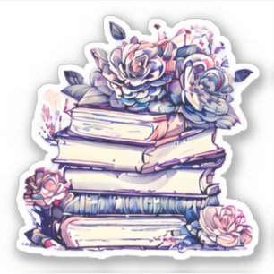 Oude stapel boeken en rozen sticker