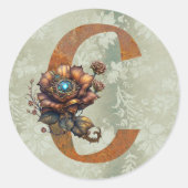 Oude Steampunk Bloem Letter C Ronde Sticker (Voorkant)