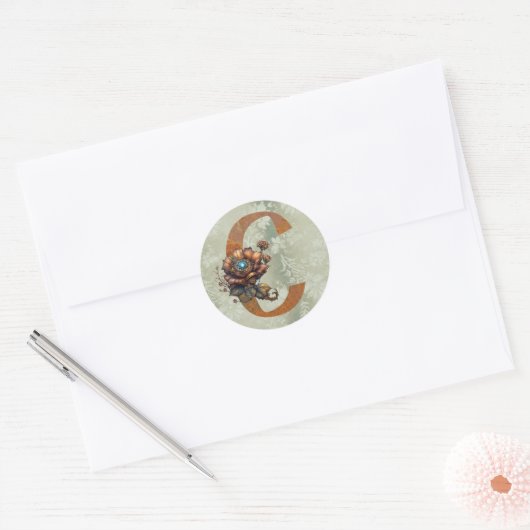 Oude Steampunk Bloem Letter C Ronde Sticker (Envelop)