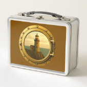 Oude Stenen Vuurtoren Bruin Metalen Lunchbox (Voorkant)