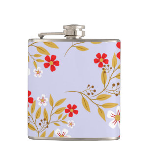 Oude stijl mooie rode bloemen op blauwe patroon heupfles