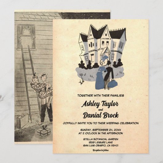  oude stijl Rustic Couple 50s Retro Wedding Kaart (Voorkant / Achterkant)