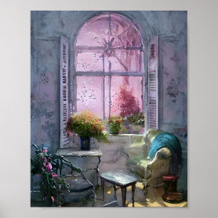 Oude stoel onder het raam poster