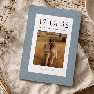 Oude Stofblauwe Damast Foto Bruiloft Save The Date