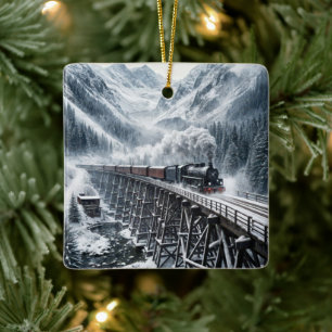 Oude stoomlocomotief op een bergtrestle keramisch ornament