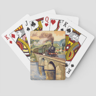 Oude stoommachine die brug schildert pokerkaarten