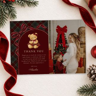 Oude strik teddybeer Kerst baby shower foto Bedankkaart