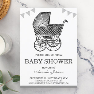 Oude Stroller Black en White Baby shower Kaart