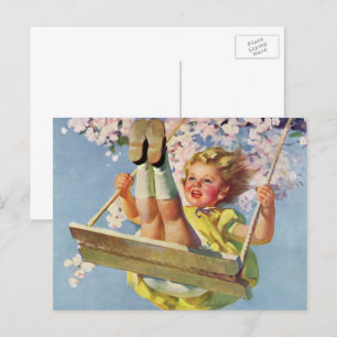 Oude swing, meisje dat in een boom speelt briefkaart