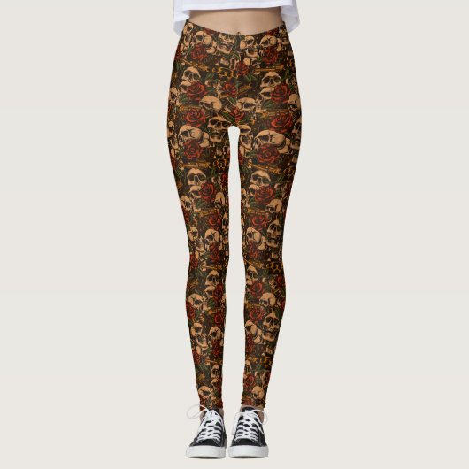 Oude Tattoos Rozen Pistolen Skulls Leggings (Voorkant)